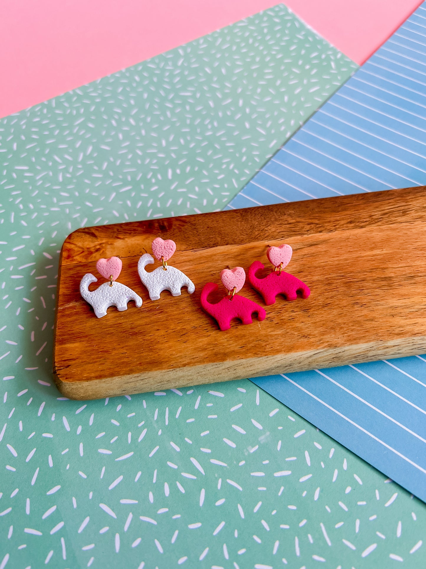 Heart Dino Dangles | Clay Earrings