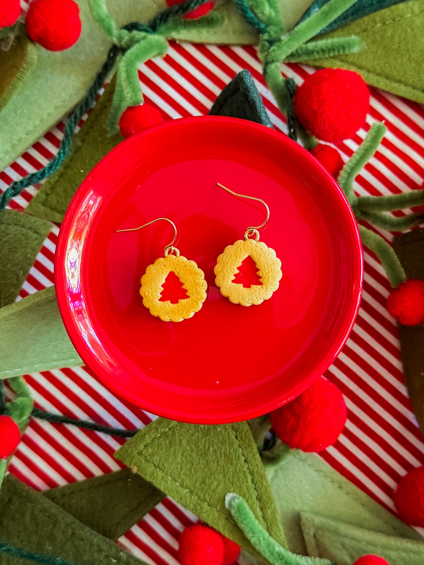 Red Tree Cookie Earrings | Clay Christmas Earrings