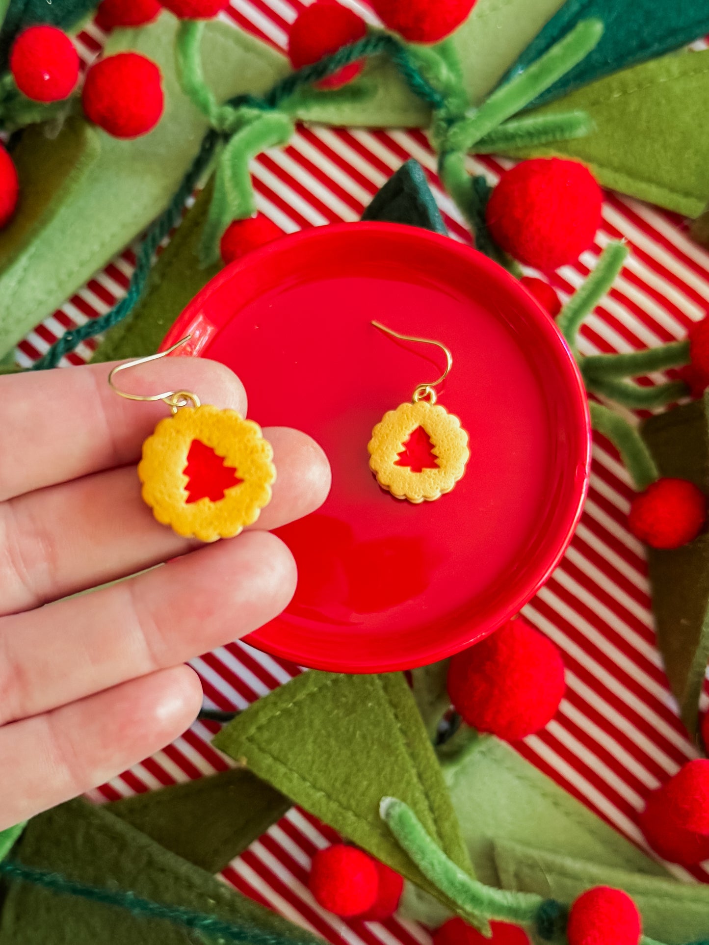 Red Tree Cookie Earrings | Clay Christmas Earrings