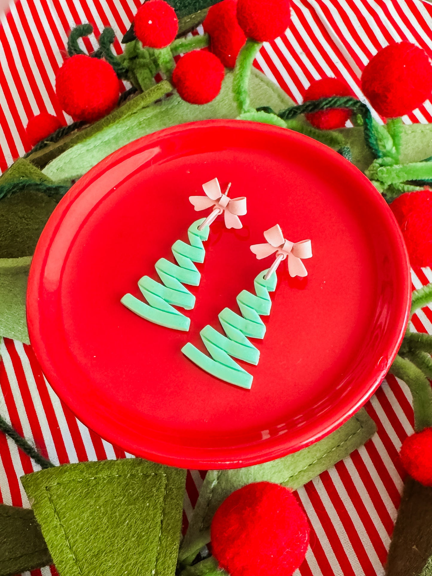 Pink Bow Tree | Clay Earrings
