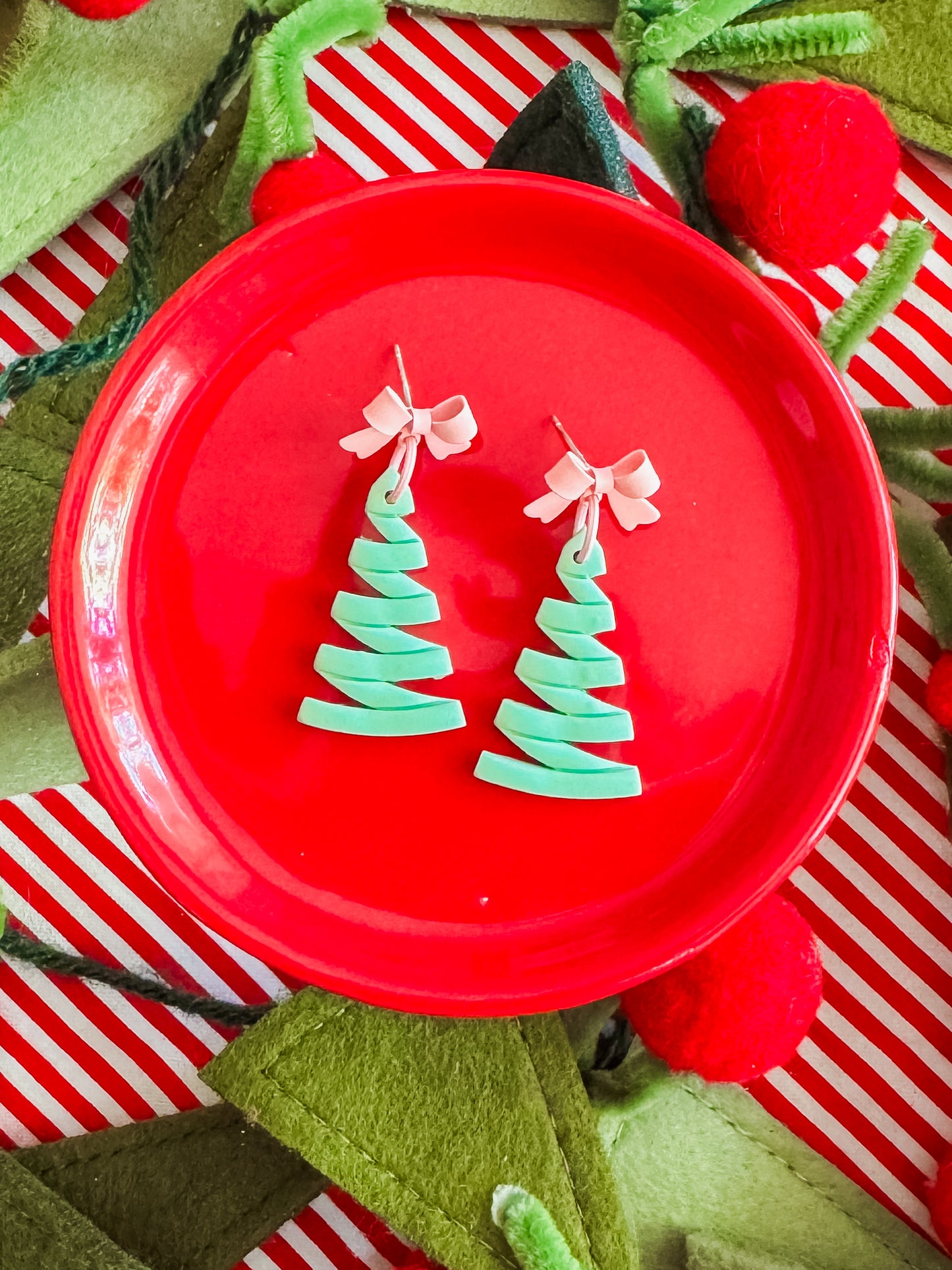 Pink Bow Tree | Clay Earrings