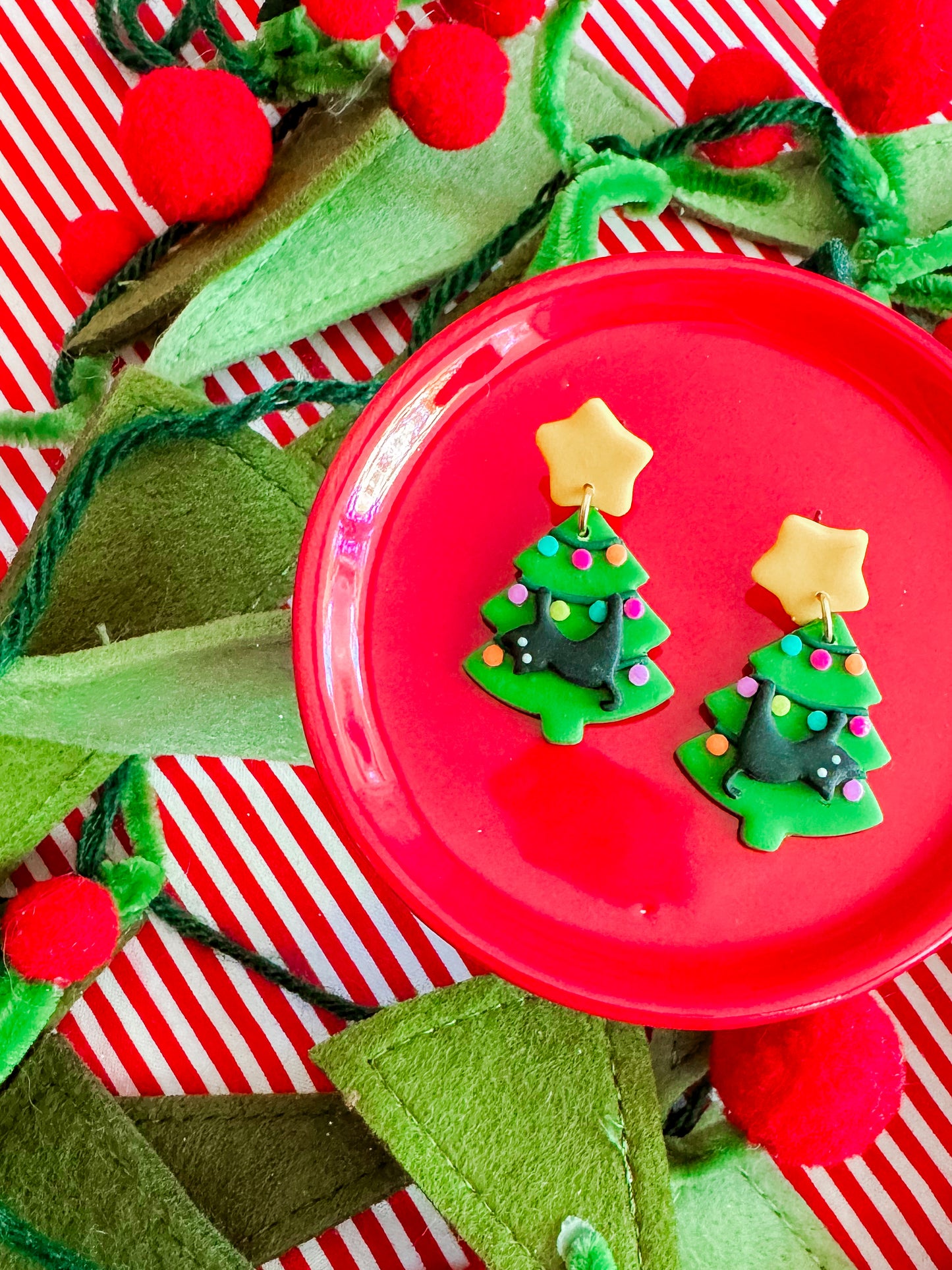 Christmas Tree Cat | Clay Earrings