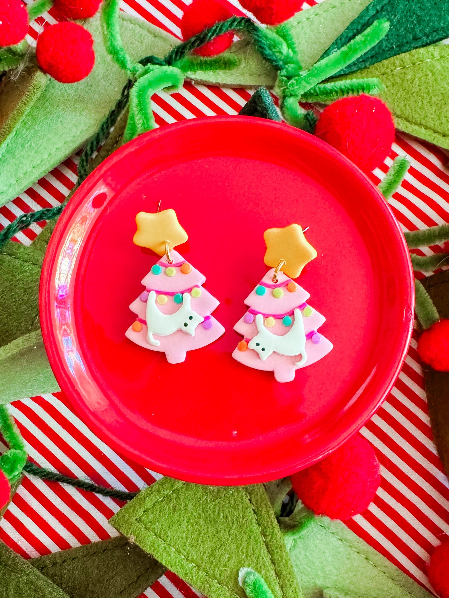 Christmas Tree Cat | Clay Earrings