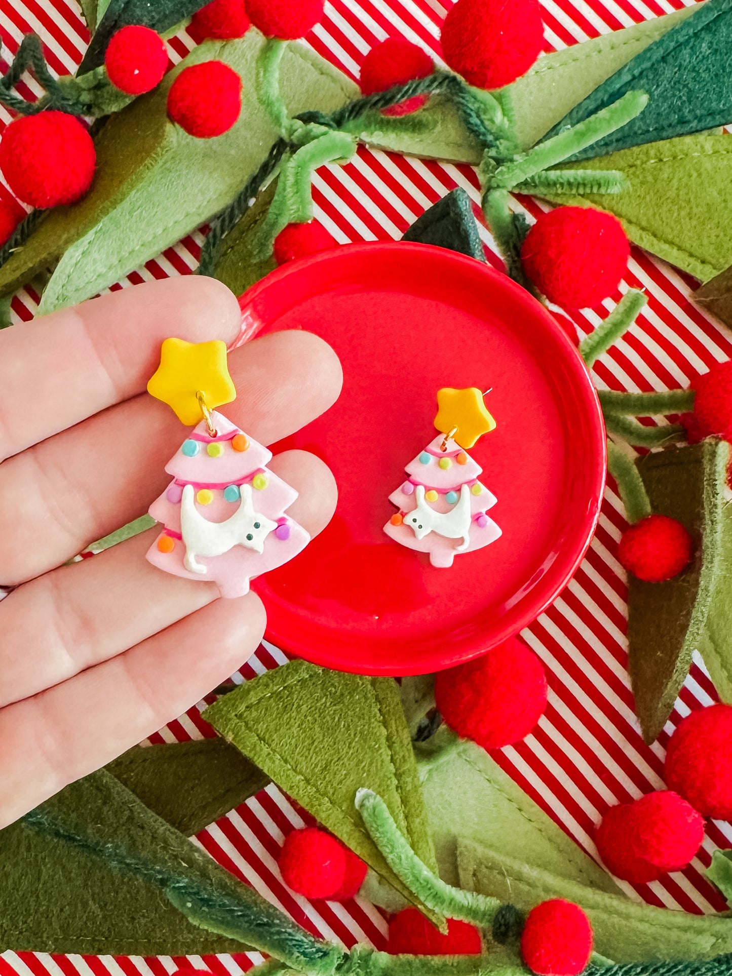 Christmas Tree Cat | Clay Earrings