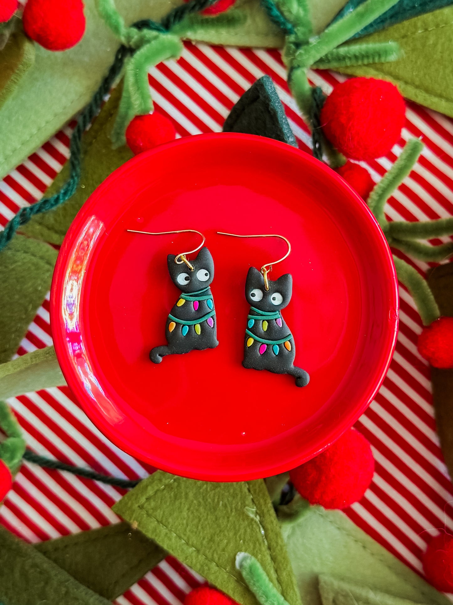 Christmas Light Cat | Clay Earrings