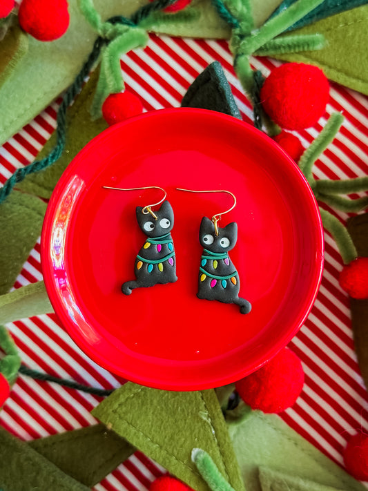 Christmas Light Cat | Clay Earrings