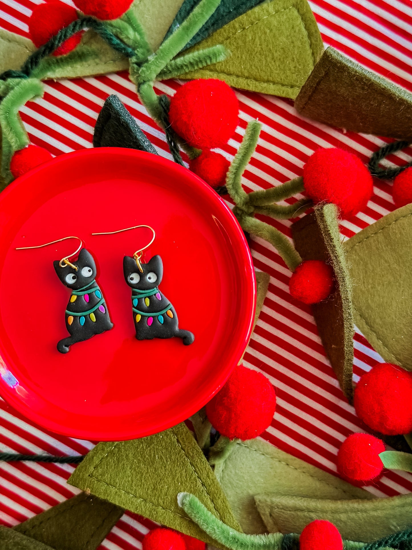 Christmas Light Cat | Clay Earrings