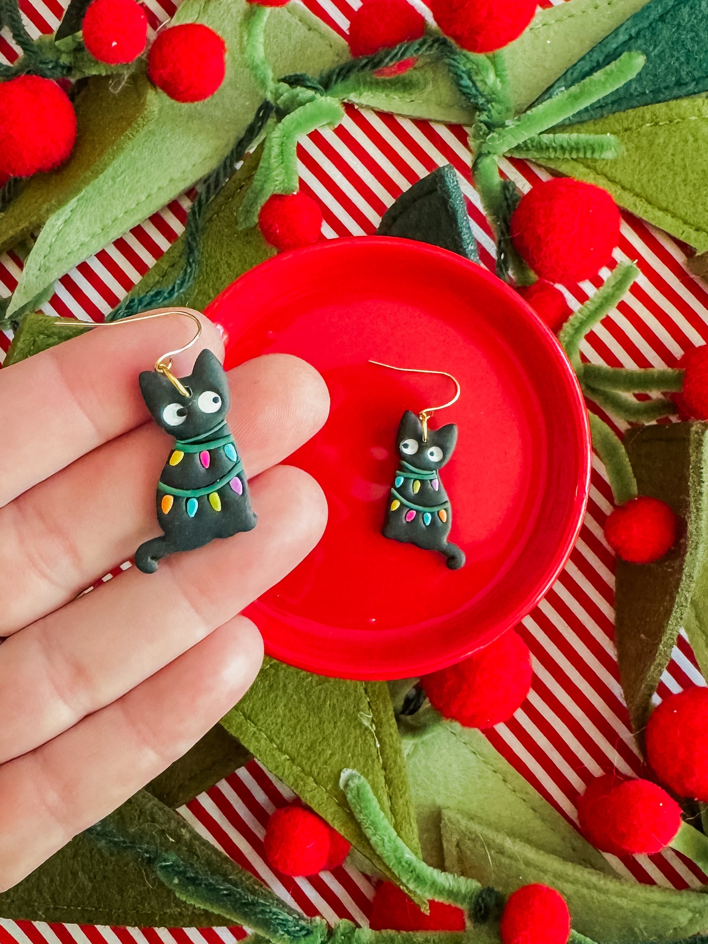 Christmas Light Cat | Clay Earrings
