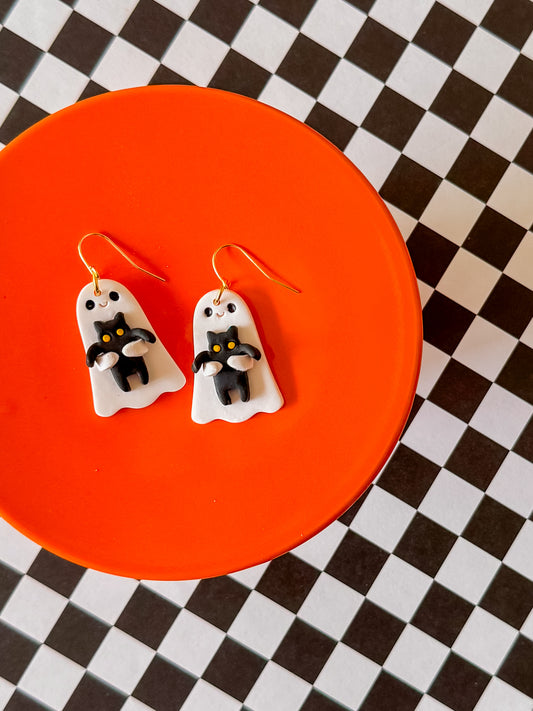 Ghost Kitty Cat | Clay Halloween Earrings
