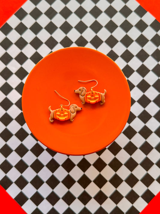 Wiener Dog Pumpkin Earrings | Clay Halloween Earrings