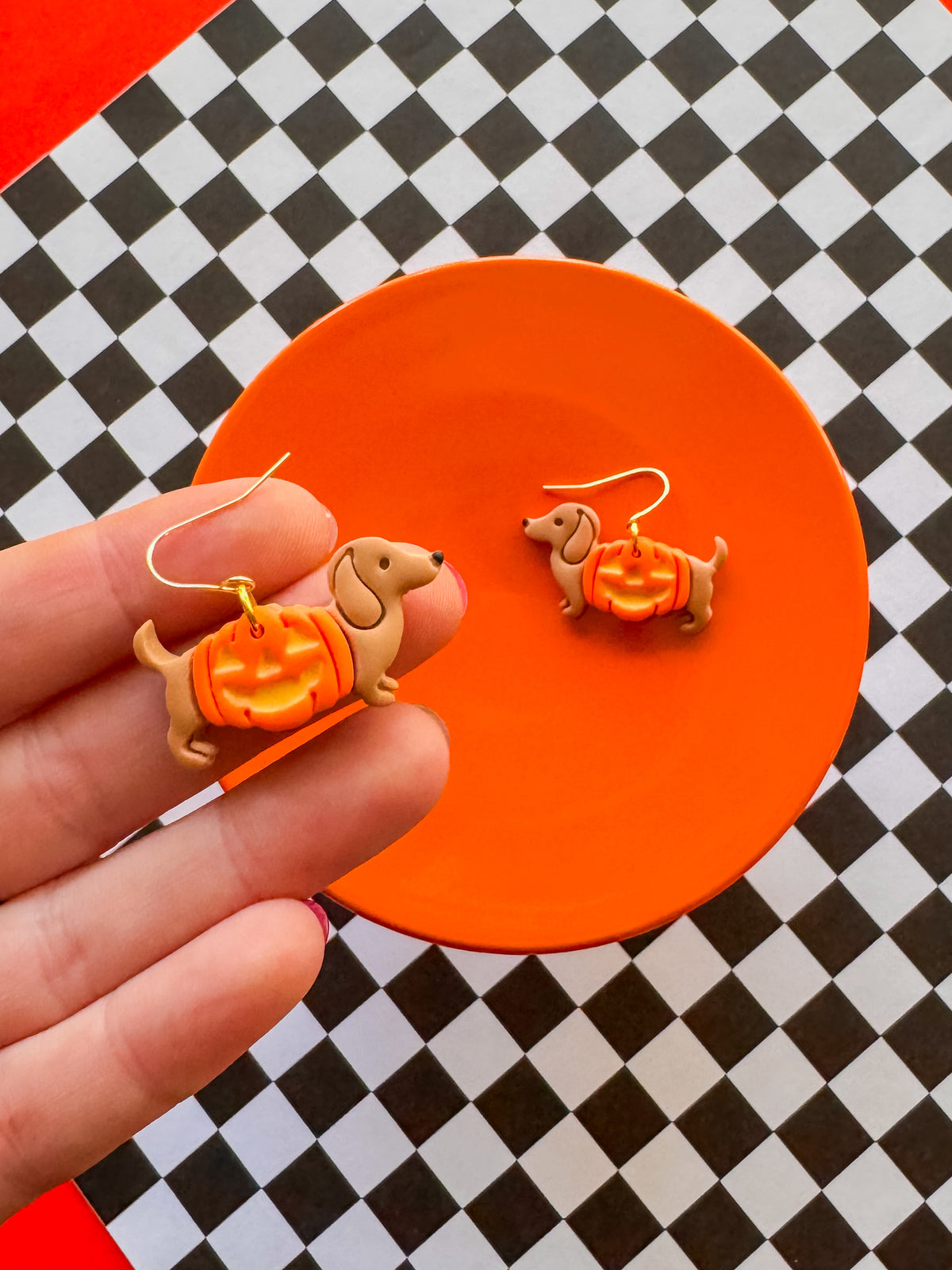 Wiener Dog Pumpkin Earrings | Clay Halloween Earrings