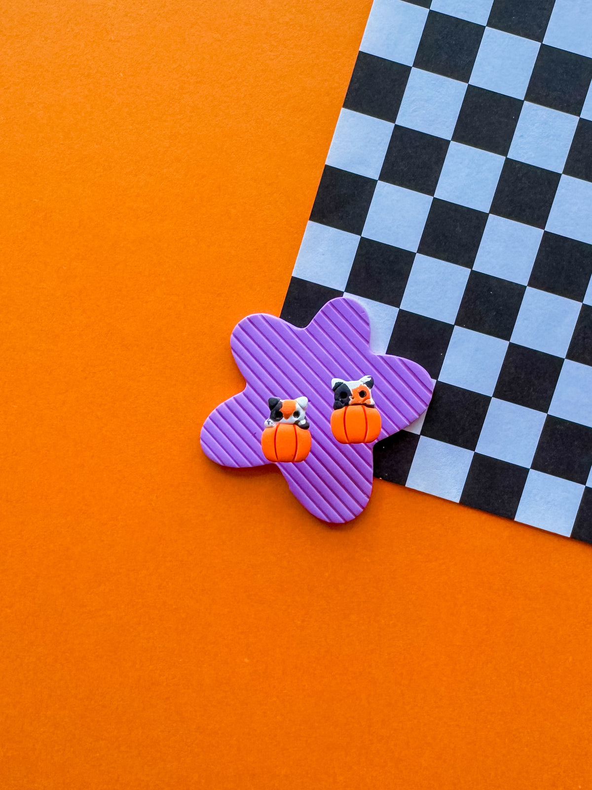 Cat Pumpkin Stud Earrings | Clay Halloween Earrings