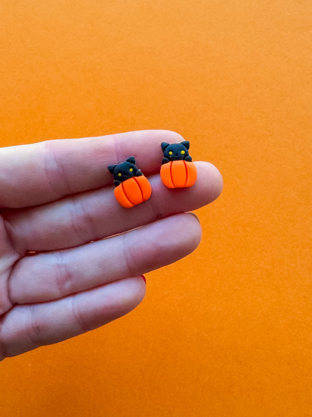 Cat Pumpkin Stud Earrings | Clay Halloween Earrings