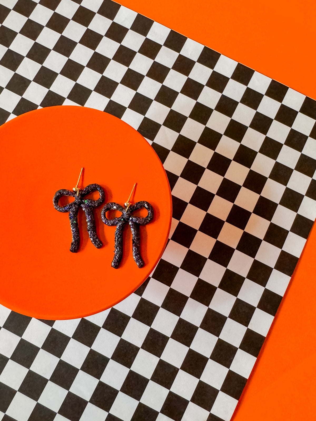 Black Glitter Bow Earrings | Clay Halloween Earrings