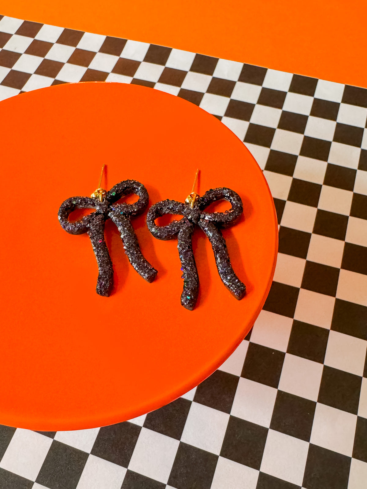 Black Glitter Bow Earrings | Clay Halloween Earrings