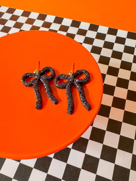 Black Glitter Bow Earrings | Clay Halloween Earrings