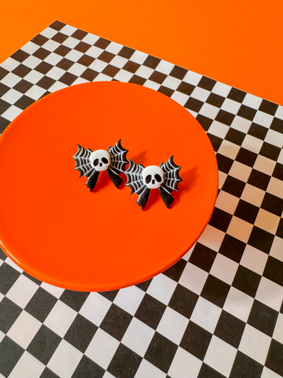 Skull Bow Studs | Clay Halloween Earrings