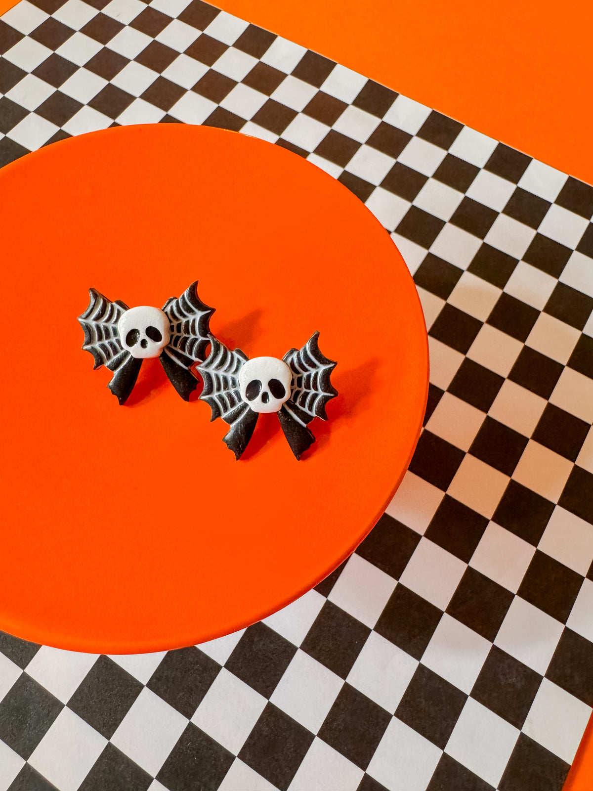 Skull Bow Studs | Clay Halloween Earrings