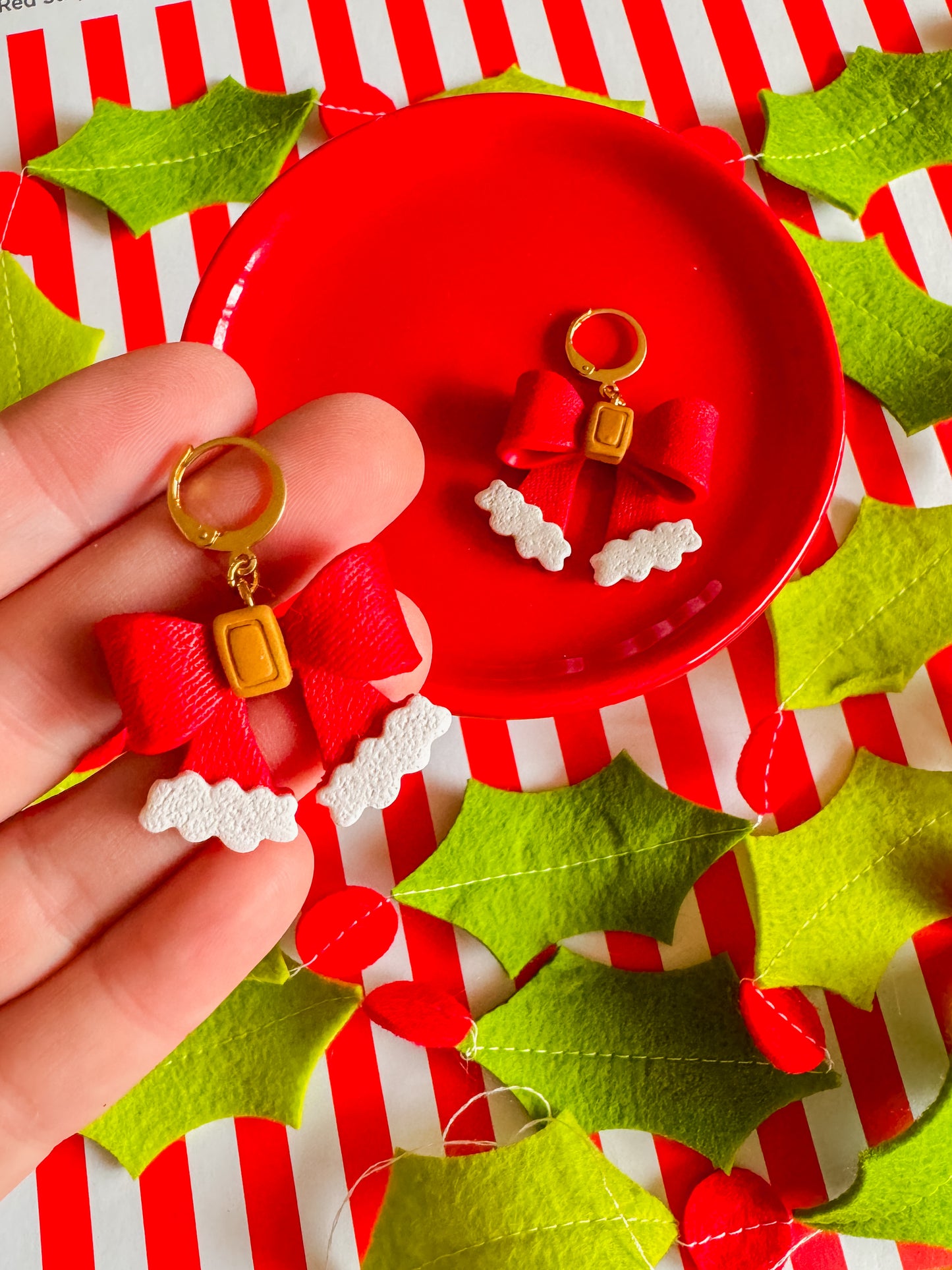 Santa Bow Earrings | Clay Christmas Earrings